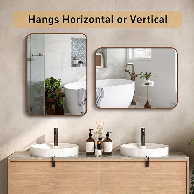 20"x30" Brushed Bronze Bathroom Mirror for Wall, Rounded Rectangle Mirror with Brown Metal Frame Hanging for Bathroom Entryway Vanity,Living Room,Bedroom,Vertical or Horizontal