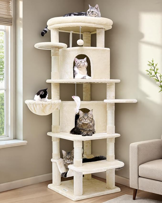 Globlazer Corner Cat Tree for Large Cats, 66inch Tall Curved Series Large Cat Tower for Multiple Indoor Cats with 6 Scratching Posts, 2 Spacious Cat Condos, Hammock, Hanging Basket, C66, Beige-Mewly Pet