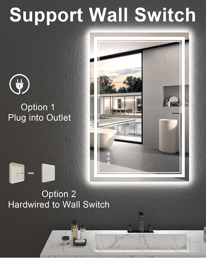 48x32 Inch LED Lighted Bathroom Mirror, Light Up Bathroom Vanity Mirror Unbreakable with 2 Front Lights & Back Lit, 3 Colors Stepless Dimmable, Anti-Fog, Memory Function, Closable Blue Buttons