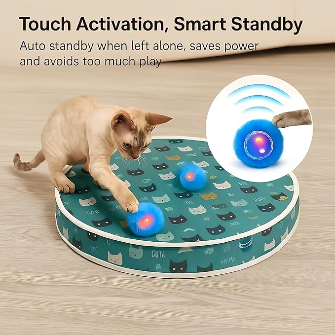 Interactive Cat Toys, Play Mat with Automatic Motion Balls, LED Lights, Bird Chirping Sound, 3 Speed Levels, Indoor Enrichment, Cat Pattern Design-Mewly Pet