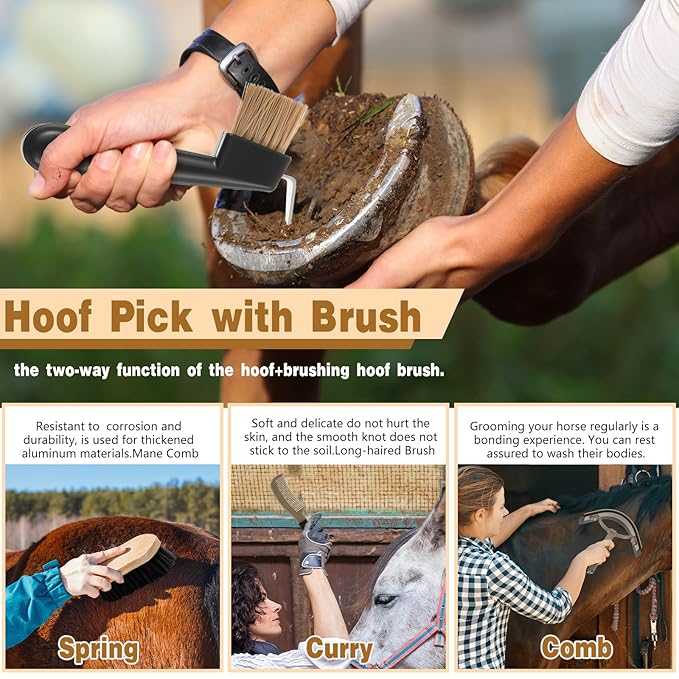 Abbylike 12 Pieces Horse Grooming Kit with Organizer Tote Bag Tack Room Supplies Horse Brush Sets Equine Care Cleaning Kit Shedding Grooming Massaging Tools(Khaki)-Mewly Pet