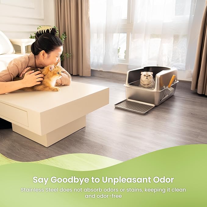 Cattasaurus 100% Stainless Steel Litter Box Enclosure for Large Cats 30+ lbs, Odor-Free & Easy to Clean, Multi Cat Litter Box with Cover, Long-Lasting XL Metal Litter Box with High Side, Scoop & Pedal-Mewly Pet