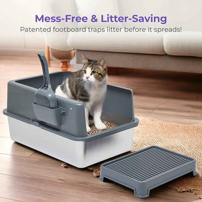 iPrimio Premium Stainless Cat Litter Box for Easy Cleanup - Durable and High Sides Stainless Steel Litter Box with Step Scoop - Mat Elevated for Cats - Scratch and Bite Proof - Dark Grey-Mewly Pet