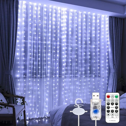 Upgrade 300LED White Curtain Light with Untangled Wires, 9.8ft x 9.8ft Copper Wire String Lights, USB Plug Hanging Window Fairy Lights, 8 Modes & Remote for Home Christmas Wedding Party