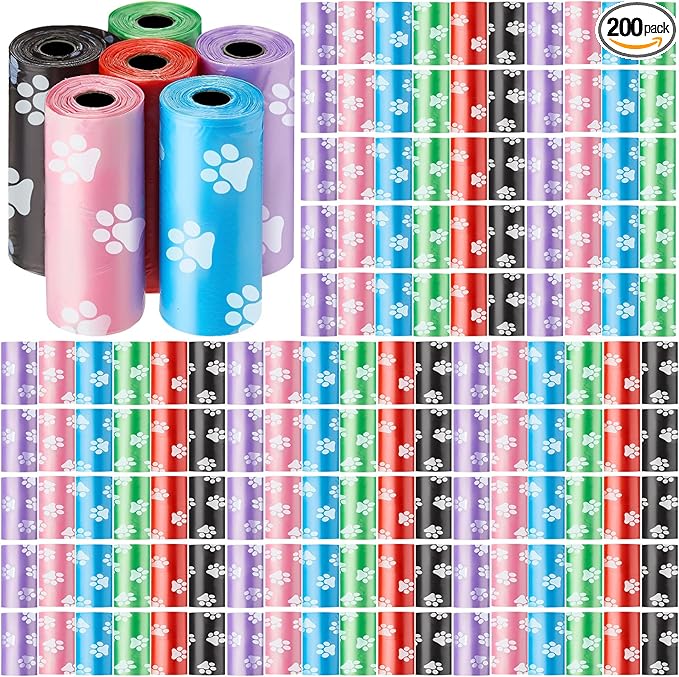 Thenshop 3000 Counts 200 Rolls Dog Poop Bag Plastic Dog Waste Bags Disposable For Doggie Pets Poop Outdoor Walking Travel Mixed Colors(Paw Print Style)-Mewly Pet