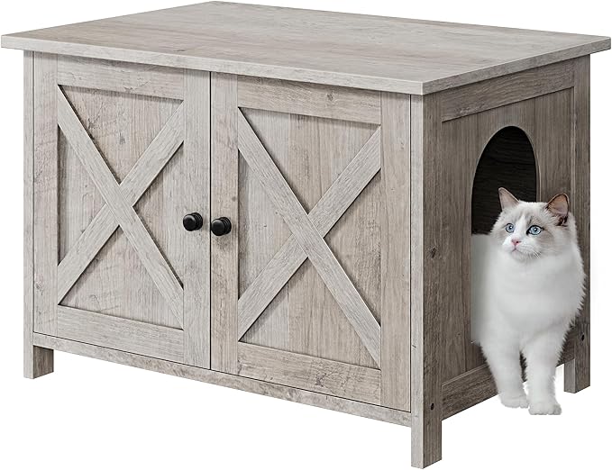 JY QAQA Cat Litter Box Enclosure,Litter Box Furniture Hidden with Barn Door,Wooden Washroom Furniture,Cat House,Fit Most of Litter Box-Mewly Pet