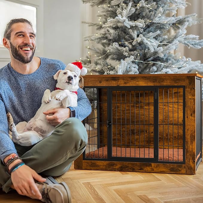 Bigrab Dog Crate Furniture with Thick Cushion, Side End Table Wooden Dog Cage with Double Doors, Chew-Resistant Dog Kennel Dog House Indoor for Small to Large Dog, L-Mewly Pet