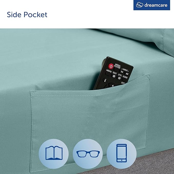 DREAMCARE King Size Sheets Set – 4 pcs Cooling Sheets – up to 21” Deep Pocket King Sheet Set – Hotel Luxury Sheets & Pillowcases – Superior Softness 100% Microfiber with Side Pocket - Spa Blue