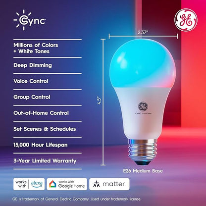 GE Cync A19 LED Smart Light Bulbs, Room Decor Aesthetic Bluetooth and WiFi Color Changing Lights, LED Indoor Light Bulb, Compatible with Alexa and Google (2 Pack)