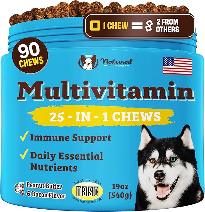 Natural Dog Company 25 in 1 Multivitamin for Dogs – Daily Soft Chews with Vitamins, Minerals & Antioxidants, Immune & Joint Support, for All Ages, Sizes & Breeds, Bacon & Peanut Butter – 90 Count-Mewly Pet