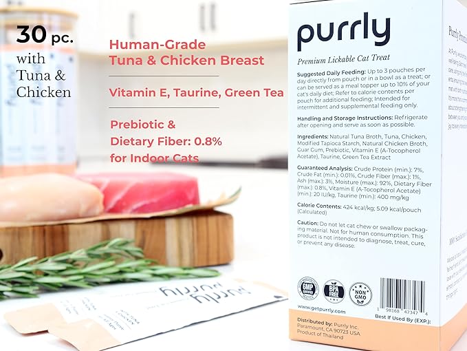 Purrly Cat Treat Topper Lickable Wet Squeezable Healthy Human-Grade Tuna & Chicken Breast with Prebiotic and Dietary Fiber for Indoor Cats (30 Count) Grain-Free Non-GMO No-Preservatives-Mewly Pet