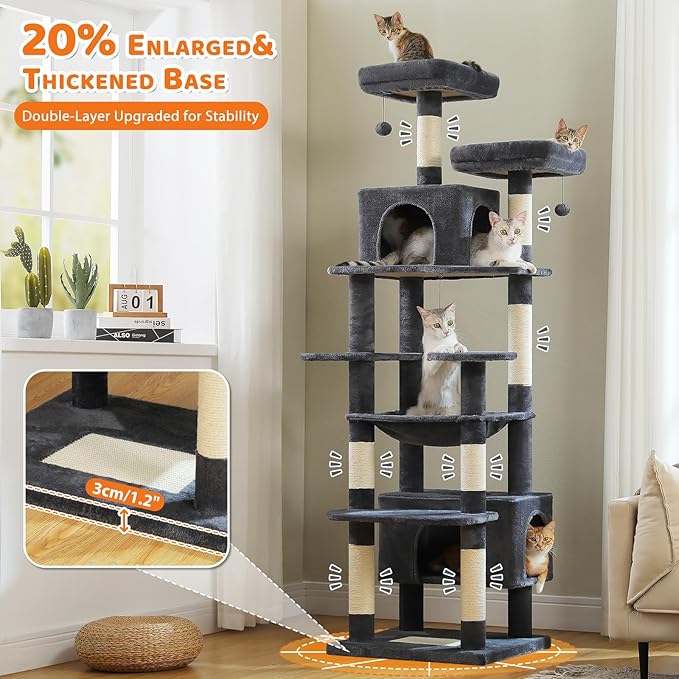 PAWZ Road Heavy Duty Cat Tree for Large Cats, 81 Inches Tall Cat Tower with 2 Perches, 2 Condos and Spacious Hammock, XL Extra Large Condo with 7 Scratching Posts for 20lb+ Adult Cats, Dark Gray-Mewly Pet