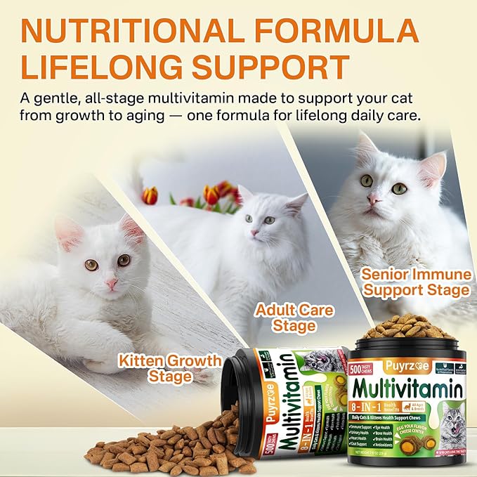 Cat Multivitamin - 500 Chews Crunchy & Creamy Cheese Core, Cat Vitamins + Taurine for 8-in-1 Support - Immune, Urinary, Heart, Skin & Coat, Eyes, Brain, Bone for Cats Kittens - Egg Yolk Flavor-Mewly Pet