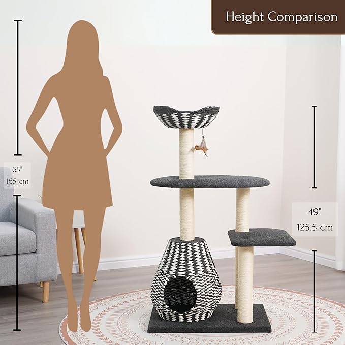 PetPals Ace 4-Level Multi-Activity Cat Tree with Handwoven Recycled Paper Rope Condo and Top Nest Bed, Replaceable Sisal Scratching Posts, Feather Teaser Toy, Black & White-Mewly Pet
