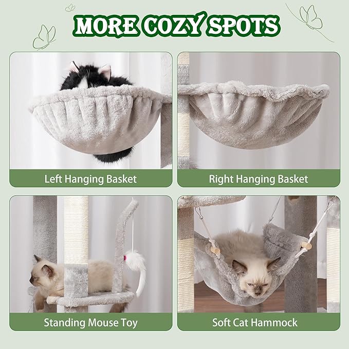 Cat Tree for Large Cats, 78.7"(200cm) Tall Cat Tower for Indoor Cats Multiple Cats with Large Top Perch, Cat Condo, Cat Hammcok, Cat Scratching Post, Light Gray GCT031W-Mewly Pet