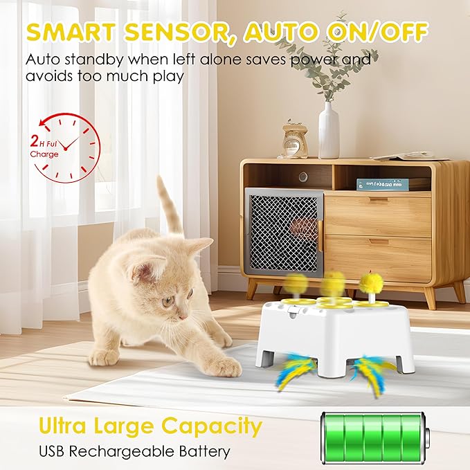 Cat Toys, 2 in1 Automatic Interactive Cat Toys for Indoor Cats, 4 Holes Mice Whack a Mole Cat Mouse Toy with Moving Feather, Rechargeable USB Power Kitten Feather Toys for All Breeds (Yellow)-Mewly Pet