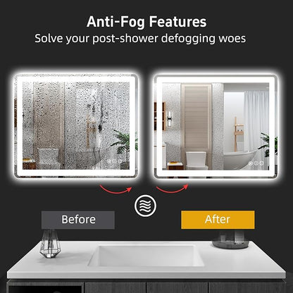 LED Bathroom Mirror 48"x 30" with Front and Backlight, Anti-Fog, Lighted Bathroom Vanity Mirror for Wall, Dimmable, Shatter-Proof, Rounded Rectangle Mirror Tempered Glass(Horizontal/Vertical)