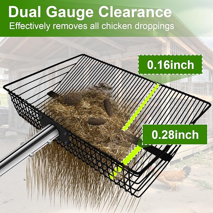 12inch Large Chicken Poop Scooper，2 Widths of Slots Litter Sifting Shovel （23 to 66"），Chicken Coop Litter Scoop with Stainless Steel Handle, 4 in 1 Multifunctional Heavy Duty Chicken Coop Accessories-Mewly Pet