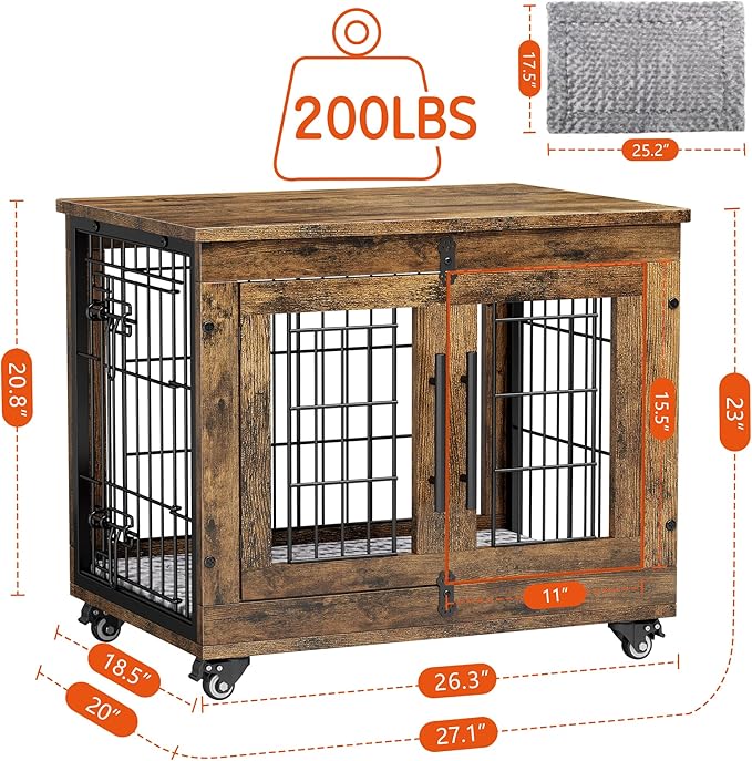 Lulive Small Dog Crate Furniture Set of 2, Dog Kennel Indoor Double Doors Wooden Dog Cage, 27' Heavy Duty Dog Crate with Cushion & Wheels, End Table Pet House Chew-Resistant Up to 30 lb, Rustic Brown-Mewly Pet