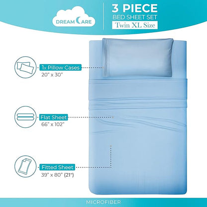 DREAMCARE Twin XL Sheet Sets – 3pcs Cooling Sheets – up to 21” Extra Deep Pocket Twin XL Sheets Set – Hotel Luxury Sheets & Pillowcases – Superior Softness 100% Fine Microfiber with Side Pocket – Blue
