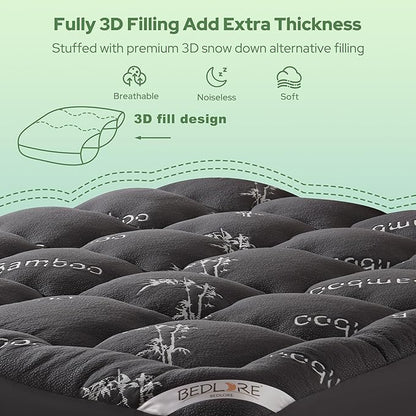 BEDLORE Full Size Mattress Topper Viscose Derived from Bamboo, Thick Pillow Top Mattress Pad with Stretchable Pockets for 6"-15" Mattress, Breathable Mattress Topper for Back Pain Relief(Dark Gray)
