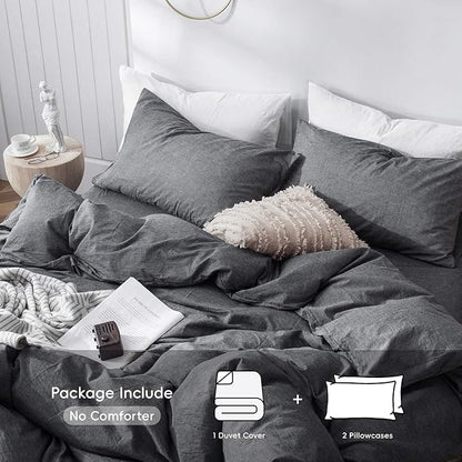MooMee Bedding Duvet Cover Set 100% Washed Cotton Linen Like Textured Breathable Durable Soft Comfy (Heathered Dark Grey, Super King 108"x98")