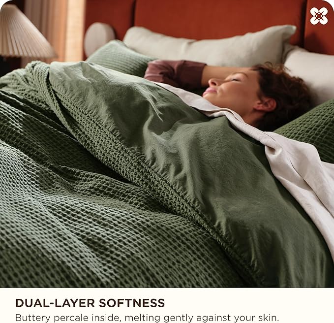 Bedsure Cotton Duvet Cover Set - 100% Cotton Waffle Weave Olive Green Duvet Cover Oversized Queen Size, GentleSoft™ and Breathable Bedding Set for All Season, 3 Pieces, 98"x98"