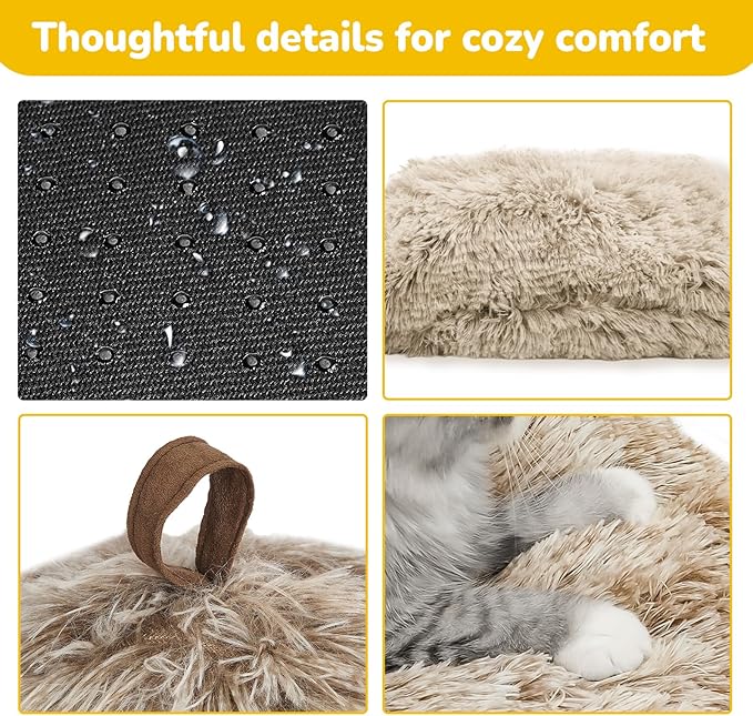 CATISM Cat Bed, Cat Cave for Indoor Cats, Soft Cat Dome, Self-Warming 2 in 1 Foldable Pet Cat House with Washable Cushioned Pillow Calming Fluffy Dog Beds for Small Dogs with Anti-Slip Bottom Brown L-Mewly Pet