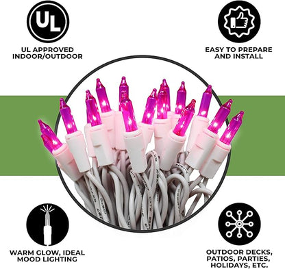 612 Vermont 50 Pink Christmas Lights on a White Wire String, UL Approved, Indoor and Outdoor Use, 9 Foot of Lighted Length, 11 Foot of Total Length