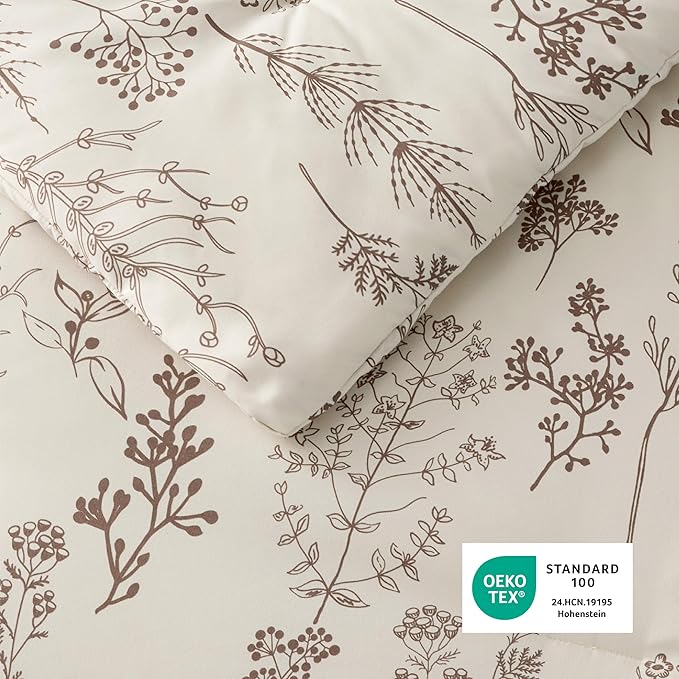 Bedsure Twin/Twin XL Comforter Set - Beige Bed Set, 2 Pieces Cute Floral Bedding, 1 Soft Botanical Flowers Comforter and 1 Pillow Shams