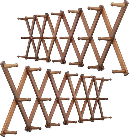 WEBI Accordion Wall Hanger,Expandable Wooden Coat Rack,Accordion Hat Rack for Wall,Accordion Hook Rack for Hats,Caps,20 Peg Hooks,Brown,2 Packs