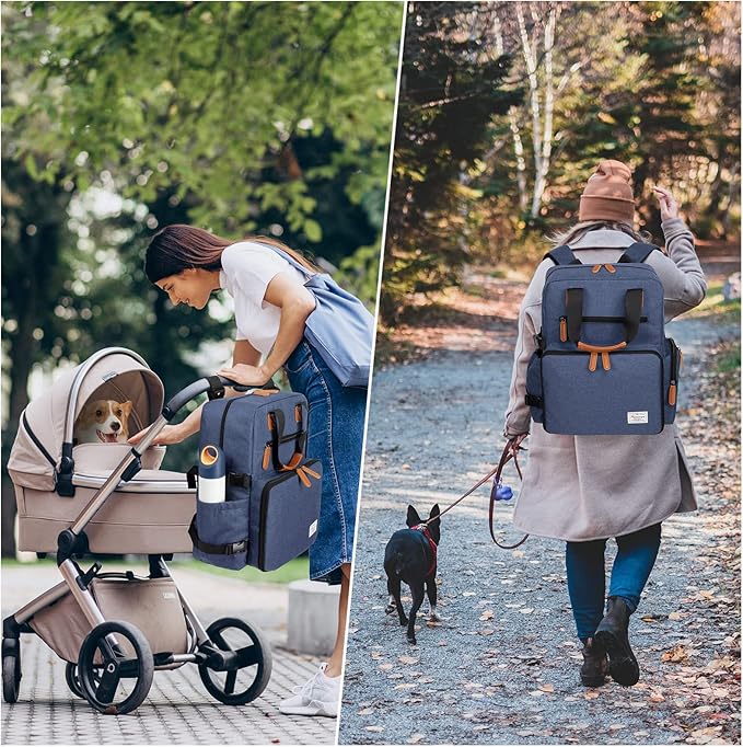 Modoker Dog Travel Bag - Airline Approved Backpack for Pet Accessories Organizer, Tote Weekend Bag with 2 Dog Food Containers, 2 Collapsible Bowls, 1 Pet Mat, Blue-Mewly Pet