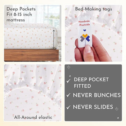 California Design Den Deep Pocket Twin Sheets Set - 400 Thread Count Sateen, Natural 100% Cotton Sheets, Cooling and Durable Bedding Set - Soft Floral