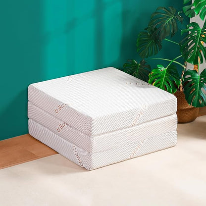 Olee Sleep Tri-Folding Antibacterial Memory Foam Mattress Topper, 4 Inch Copper Bamboo Gel Folding Mattress, Washable Cover, CertiPUR-US Certified, Soft, White, Single Size