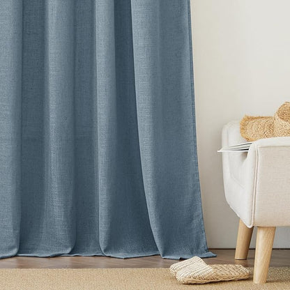 RYB HOME Blue Curtains Sheer - Flax Linen Sheers Farmhouse Curtains Airy Light Filtering Privacy Window Covering for Bedroom Living Room Dining, Stone Blue, 52 inch Width x 63 inch Length, 1 Pair