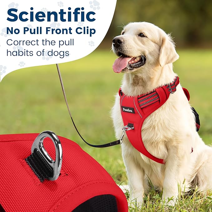 Funfox Dog Harness No Pull, Adjustable Pet Vest Harness, Super Soft Material with Vertical Handle Easy Control, Reflective Night Walking, 2 Leash Clips for Large Dogs, Red, L-Mewly Pet