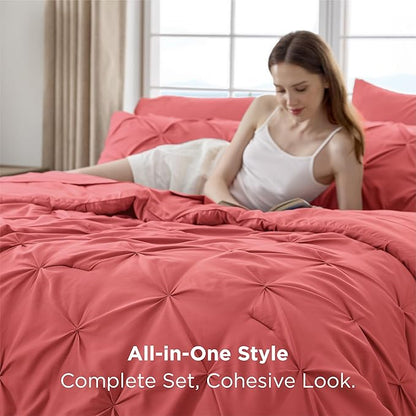 Bedsure California King Comforter Set - Bed in a Bag Cal King Bedding Set 7 PCS, GentleSoft™ Pintuck Bed Set Gift for Family, Pinch Pleat Coral Red Comforter with Sheets, Pillowcases & Shams
