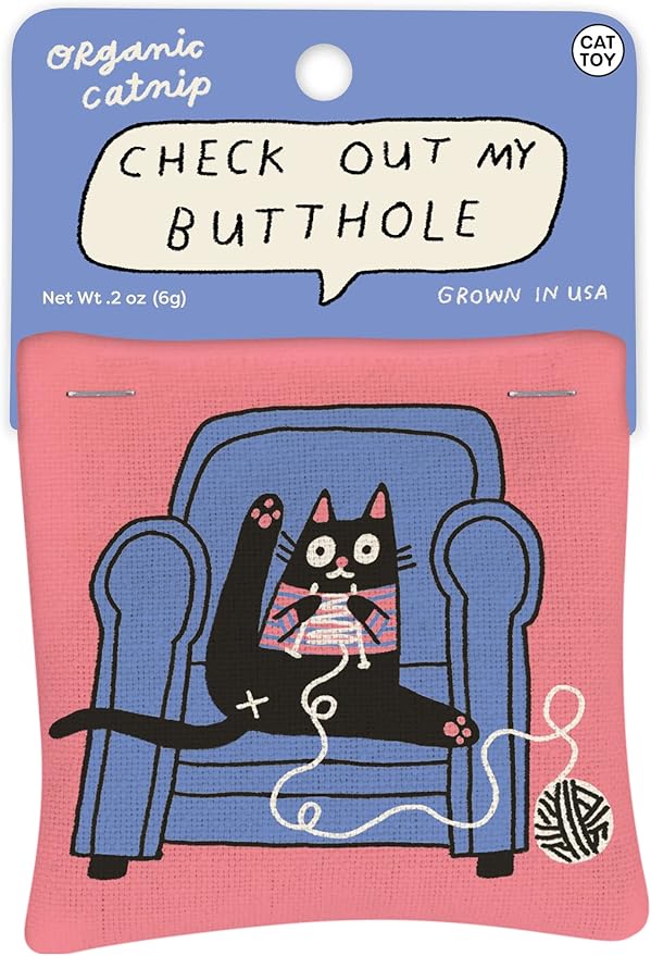 Blue Q Check Out My Butthole Catnip Cat Toy. Premium Organic 'Nip Grown in The USA, 100% Cotton Pouches, Kitty Graphics Sure to Delight Every Cat-Keeper.-Mewly Pet
