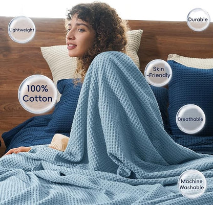 PHF Pre-Washed Cotton Waffle Weave Family Blanket,Oversized King Size 120"x 120"-Snag Proof Lightweight Breathable, 10'x 10' Huge Extra Large Big-Elegant Aesthetic Home Decoration Gift,Dusty Blue