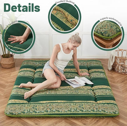 Japanese Floor Mattress, Futon Mattress with Portable Storage Bag and Washable Cover, Roll Up Thick Tatami Mat Suitable for Camping, Guest Room (Bohemian Green, Twin)
