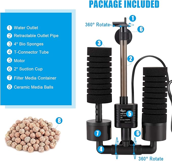 AQQA Aquarium Sponge Filter, Power Driven Double Biochemical Water Filter, Quiet Submersible Foam Filter with 2 Extra Sponges, 1 Bag of Filtered Ceramic Balls for Fresh and Salt Water Fish Tank (S)-Mewly Pet