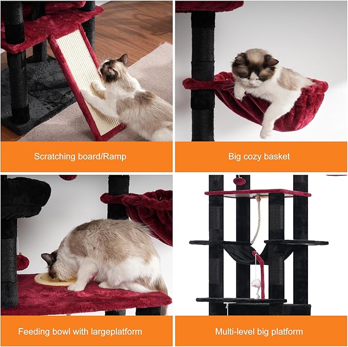 Heybly Tall Cat Tree, 78-inch Multi-Level Cat Tower for Indoor Cats, 2 Widened Plush Perches Cat Condo with Scratching Board and Big Caves, Black and Red HCT033BR-Mewly Pet