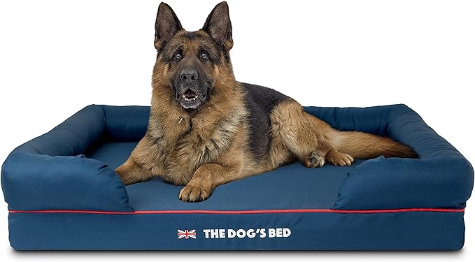 The Dog’s Bed Orthopedic Dog Bed XL Blue Oxford with Red Trim UK Flag Dog Bed 43.5x34, Memory Foam, Pain Relief: Arthritis, Post Surgery, Lameness, Veterinary Approved, Waterproof Washable Cover-Mewly Pet