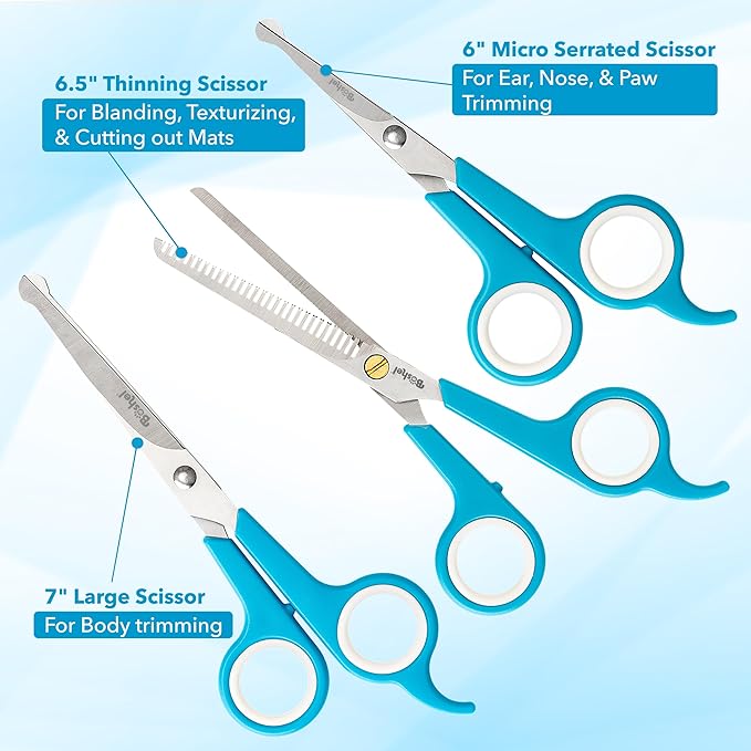 BOSHEL 3 Pc Dog Grooming Scissors Kit - 7" Scissor For Body Hair Trimming, 6" Small Micro-serrated Scissor For Face, Ear, & Paws, Thinning Shears For Dogs - Professional Dog Grooming Kit For Cat & Pet-Mewly Pet