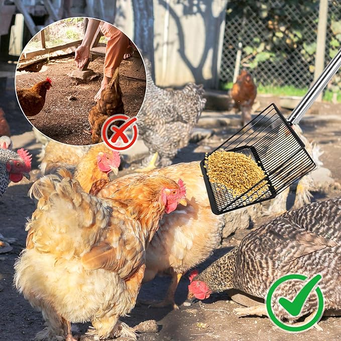Chicken Poop Scooper for Sand 10 Inch, Chicken Coop Scoop Large Metal with Adjustable Handle, Multifunctional Coop Scoop Rake Set Sifting Shovel, Heavy Duty Pooper Shovel Tool Accessories-Mewly Pet