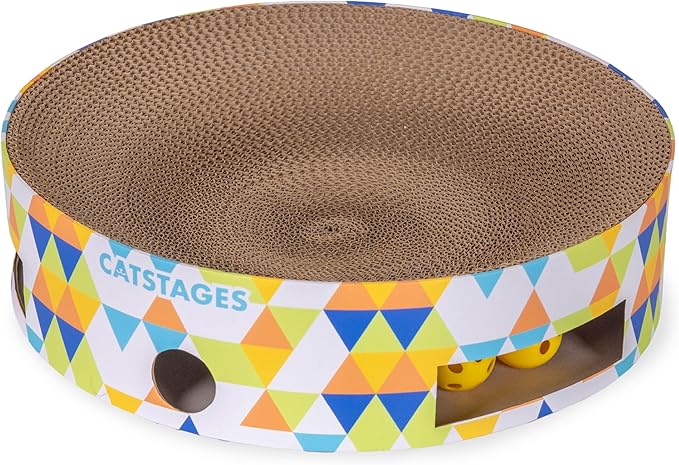 Catstages Bowl Track Scratcher Cat Ball-Track Toy, Corrugated Scratch, and Lounger All-in-One, Two Balls Included for Interactive Play, Multicolored-Mewly Pet