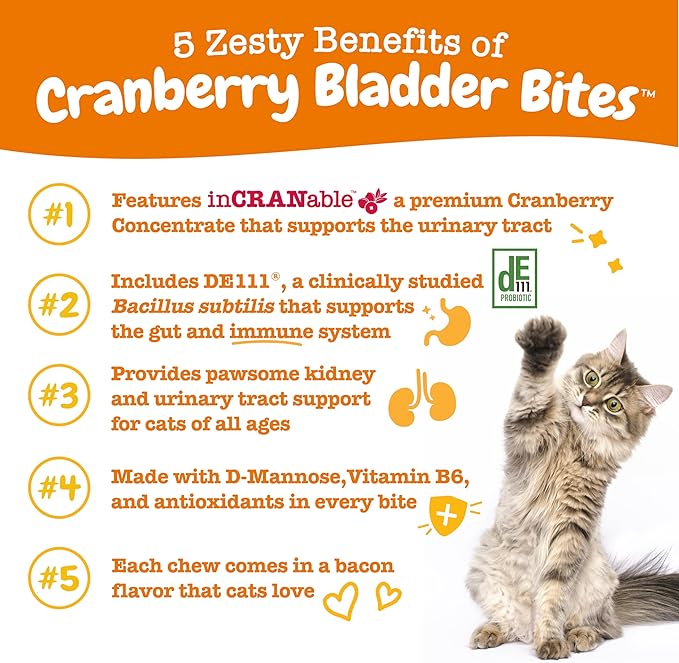 Zesty Paws Cranberry Urinary Tract Bites for Cats - Kidney & Urinary Tract Health - Soft Chews with D-Mannose, Vitamin B6 & L-Arginine - Immune & Gut Support - Bacon - 60 Count-Mewly Pet