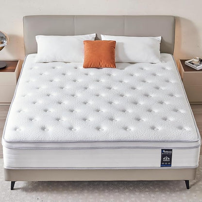 Queen Mattress, 14 Inch Hybrid Mattress in a Box, Memory Foam and Individual Pocket Springs, Fiberglass Free, Soft and Breathable, Medium Firm Feel