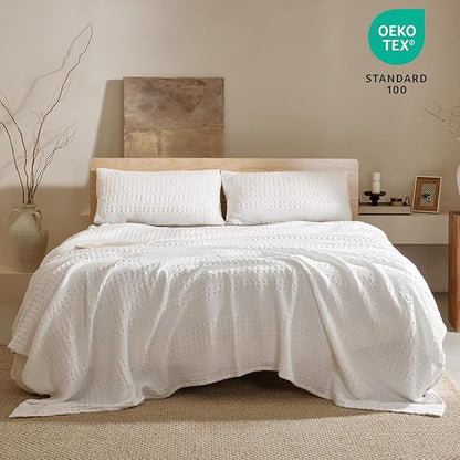 PHF 100% Cotton Waffle Weave Blanket King Size for Bed, Soft Lightweight & Breathable, All-Season Comfort, Luxury Aesthetic Woven Bedding for Home Decor, 108"x90", White