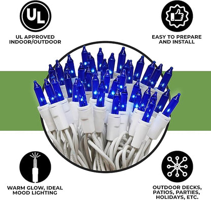 612 Vermont 100 Blue Christmas Lights on a White Wire String, UL Approved, Indoor/Outdoor Use, 18’ of Lighted Length, 20’ of Total Length